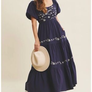 Embroidered Navy Blue tiered Maxi Dress size medium by In February​